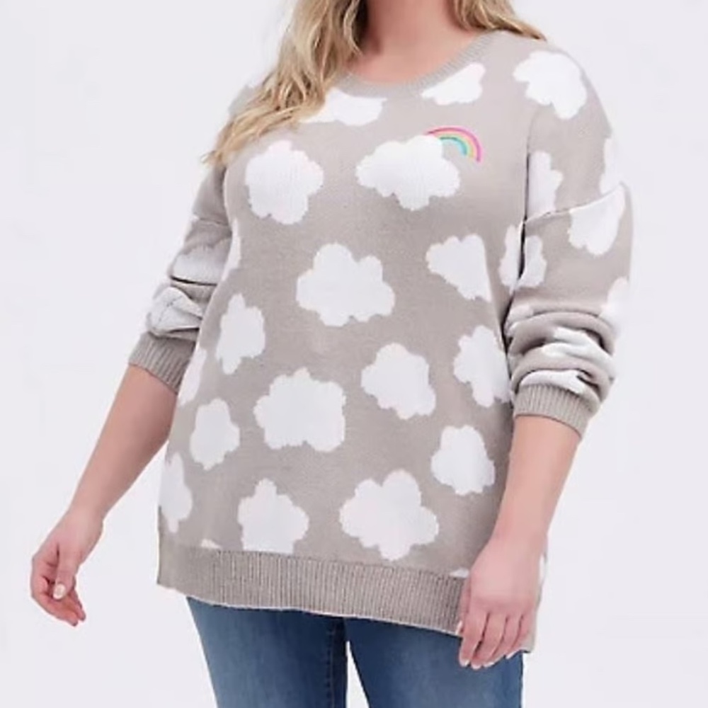 Torrid Cloud Print Knit Sweater Taupe Rainbow Detail Plus Size 1